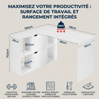 Schéma des dimensions détaillées en cm et des caractéristiques du bureau d'angle Optima blanc.