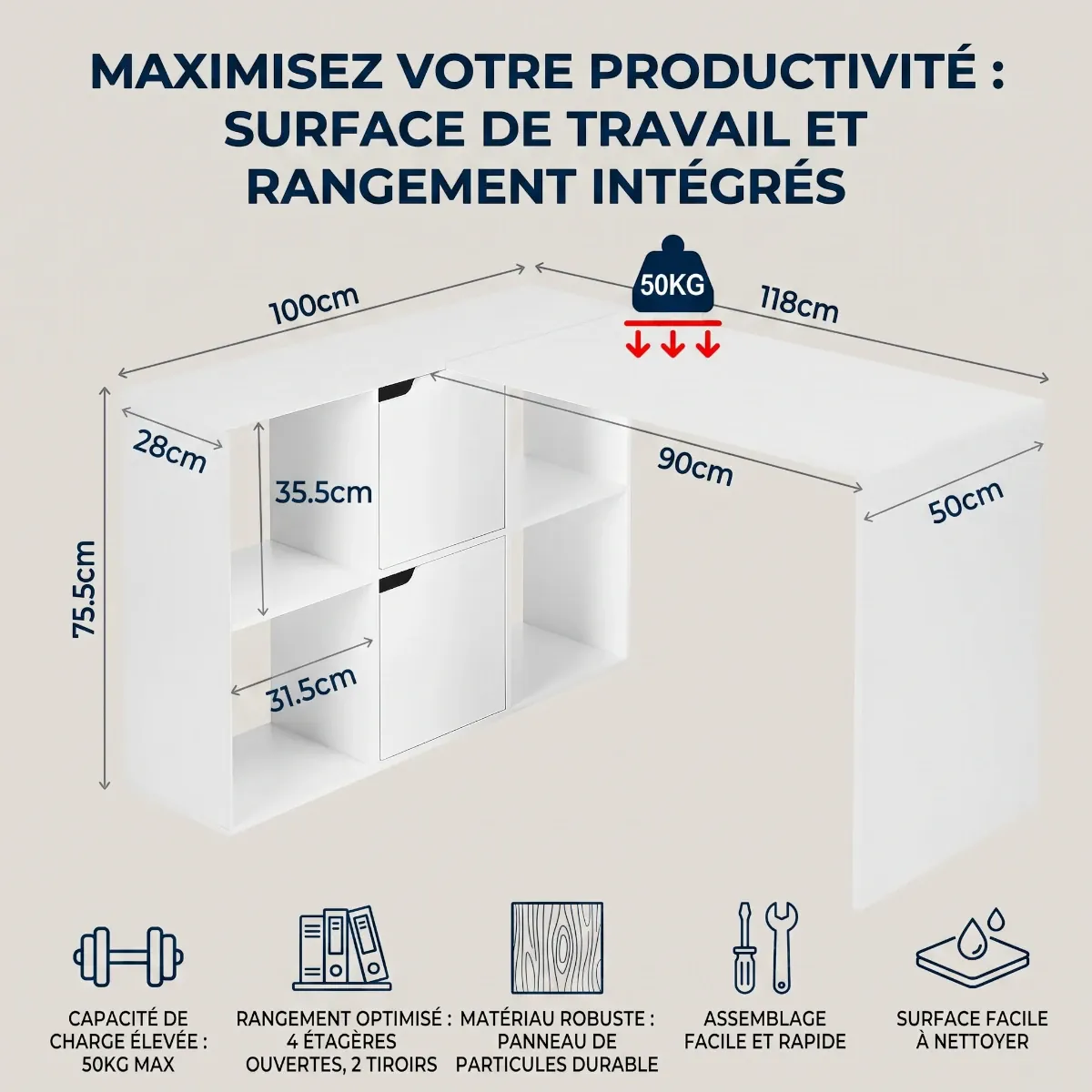 Schéma des dimensions détaillées en cm et des caractéristiques du bureau d'angle Optima blanc.
