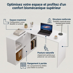 Infographie du bureau d'angle Optima blanc mettant en avant la posture naturelle et l'espace maximisé.