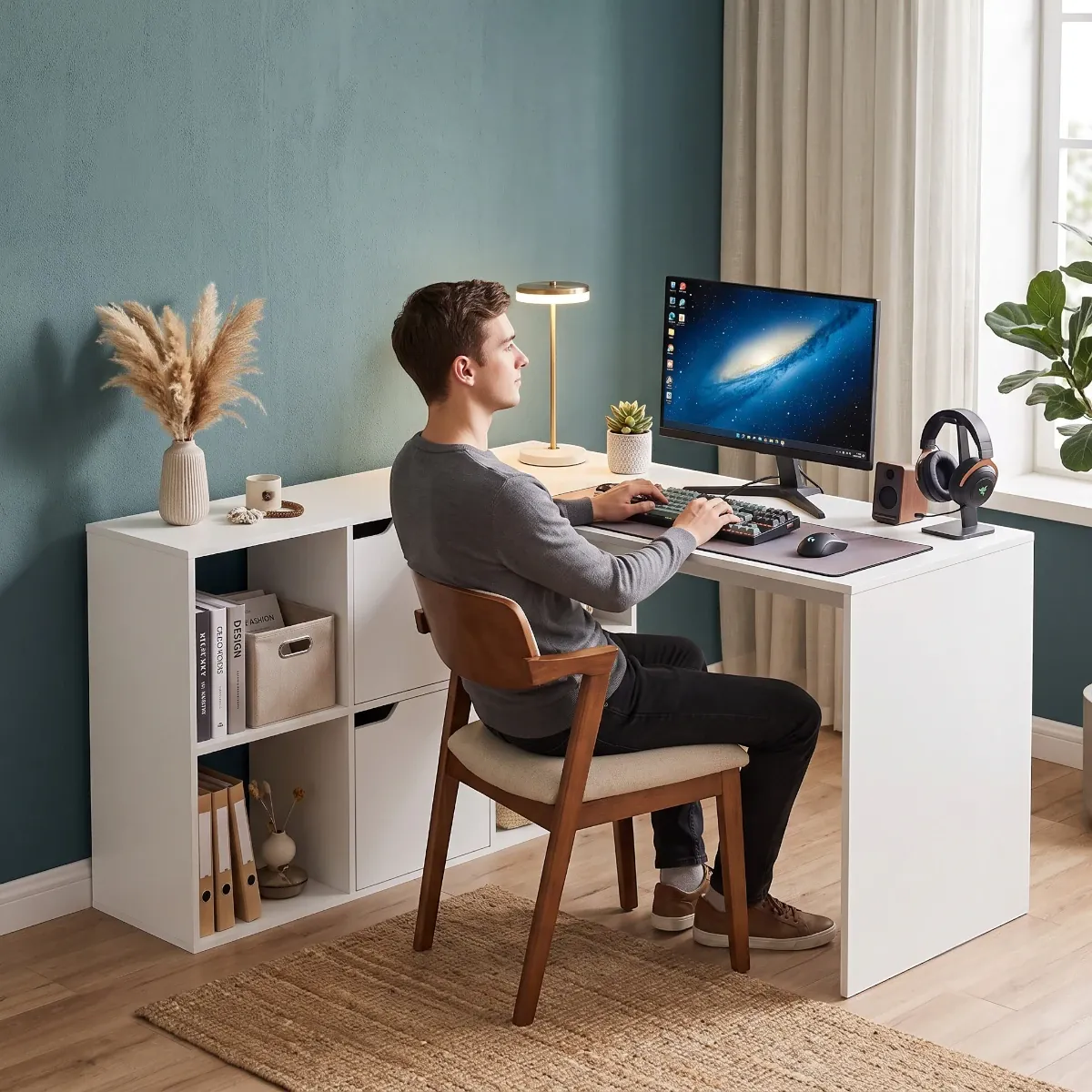 Homme assis confortablement et travaillant sur ordinateur devant le bureau d'angle Optima blanc.