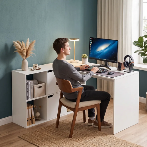Homme assis confortablement et travaillant sur ordinateur devant le bureau d'angle Optima blanc.