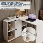 Zoom sur la bibliothèque et les 6 compartiments de rangement du bureau d'angle Optima blanc.