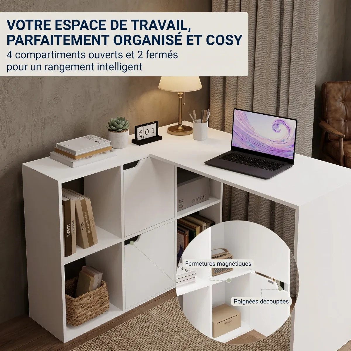 Zoom sur la bibliothèque et les 6 compartiments de rangement du bureau d'angle Optima blanc.