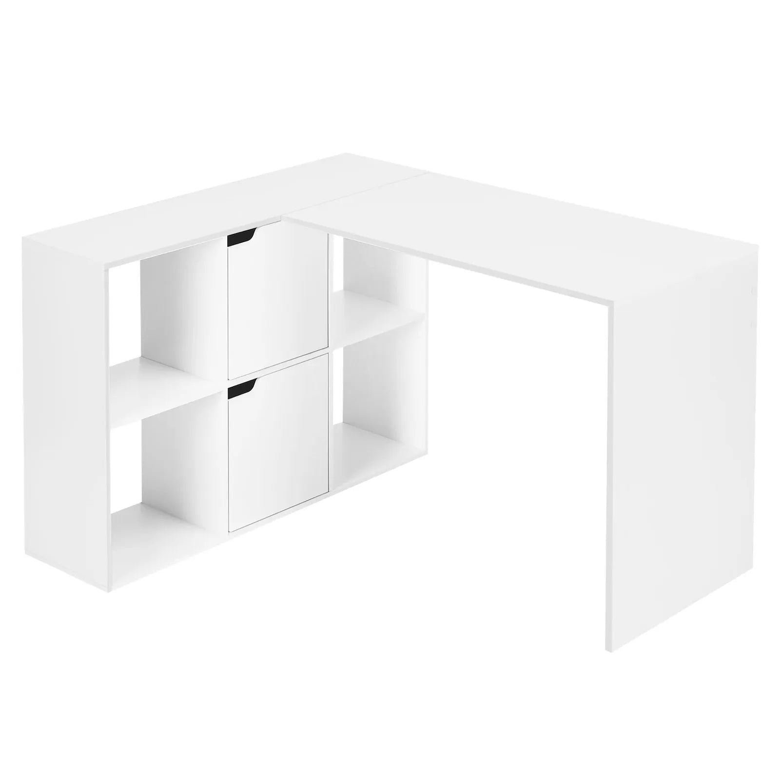 Bureau d'angle Optima blanc avec rangements et double plateau de travail sur fond blanc.