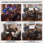 Mosaïque présentant les 4 cas d'utilisation du bureau d'angle Centrix : gaming épuré, télétravail, studio créatif et gestion pro.