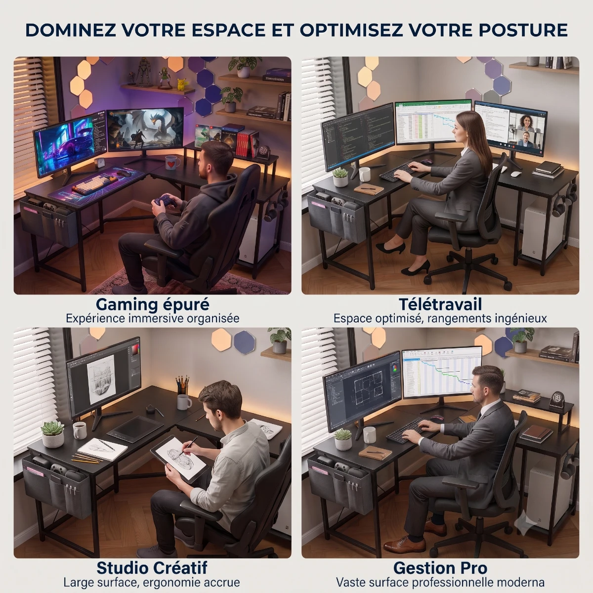 Mosaïque présentant les 4 cas d'utilisation du bureau d'angle Centrix : gaming épuré, télétravail, studio créatif et gestion pro.