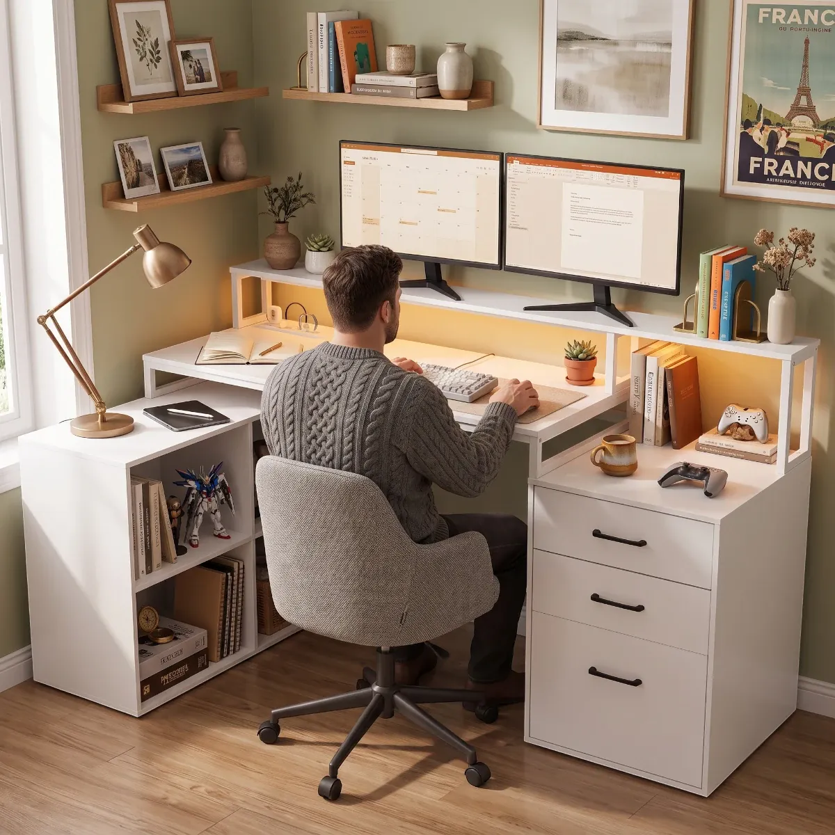 Homme installé confortablement devant son bureau d'angle Sector dans un intérieur chaleureux et cosy.
