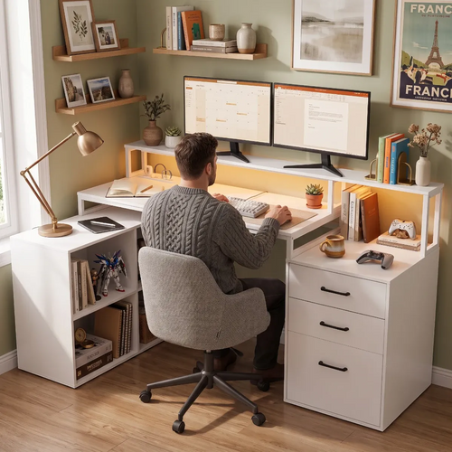 Homme installé confortablement devant son bureau d'angle Sector dans un intérieur chaleureux et cosy.