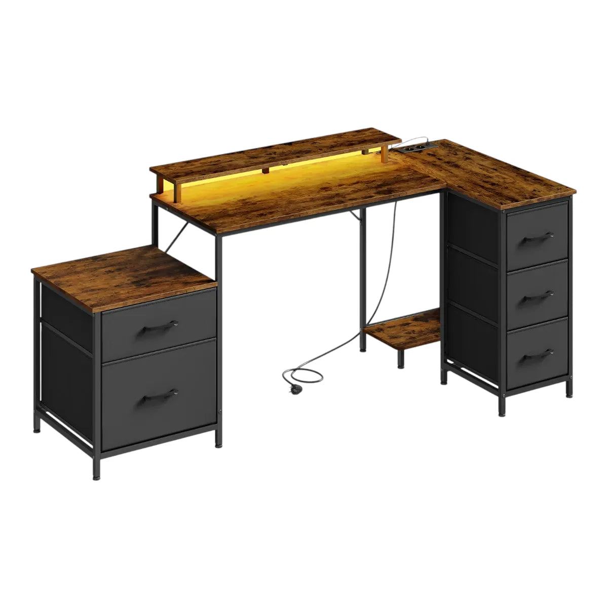 Bureau d'angle industriel Volta en bois rustique et métal noir sur fond blanc