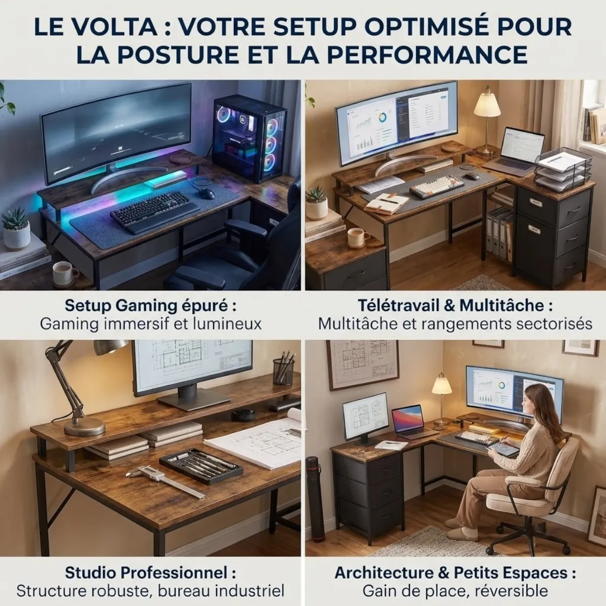 Les quatre configurations d'utilisation du bureau d'angle Volta pour le gaming et le travail