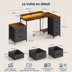 Schéma technique détaillé avec toutes les dimensions en cm du bureau d'angle Volta