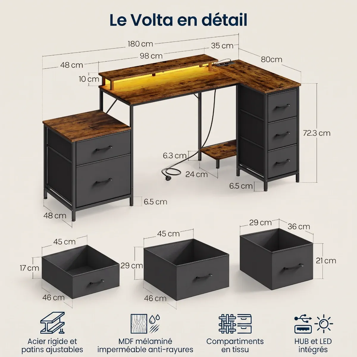 Schéma technique détaillé avec toutes les dimensions en cm du bureau d'angle Volta