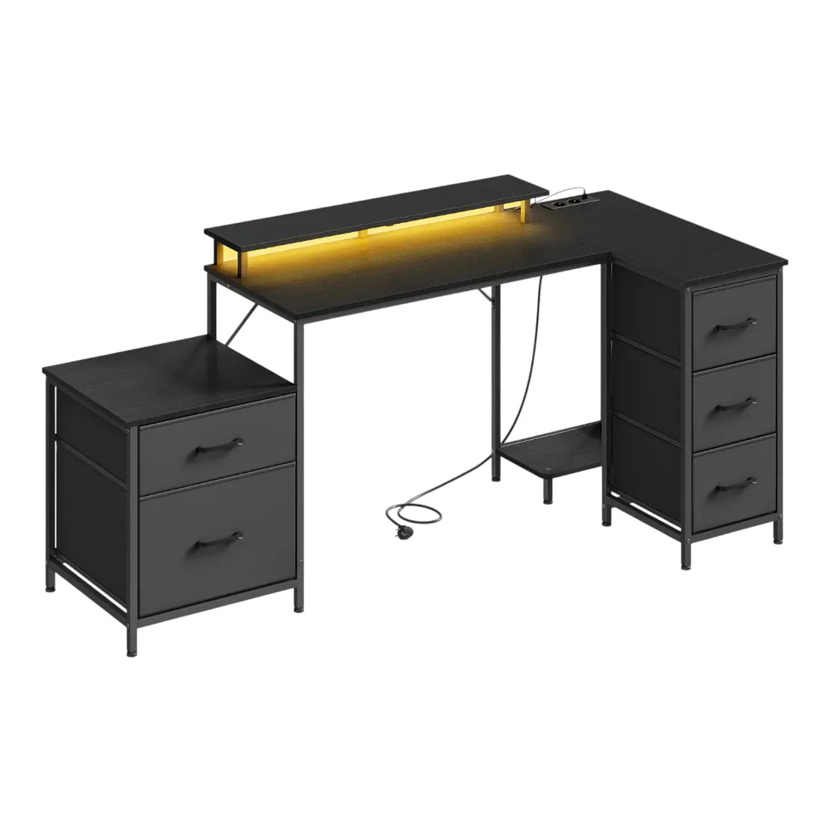 Bureau d'angle industriel Volta couleur noir avec rétroéclairage LED chaud et blocs de tiroirs amovibles sur fond blanc