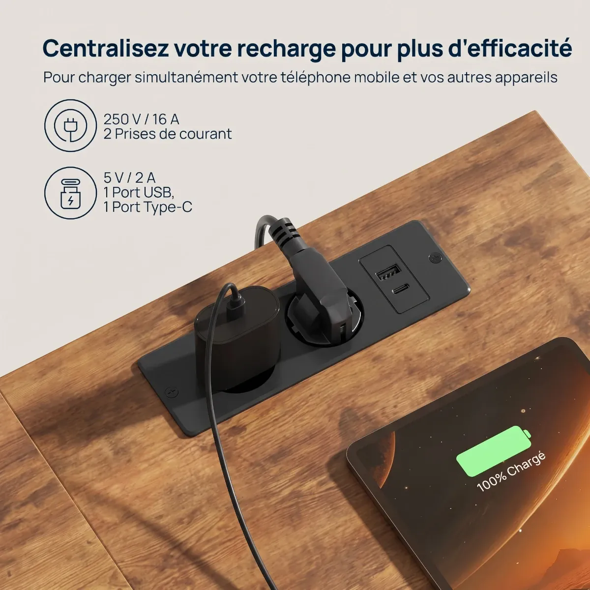 Bloc de prises électriques et ports USB intégrés sur le plateau du bureau Volta