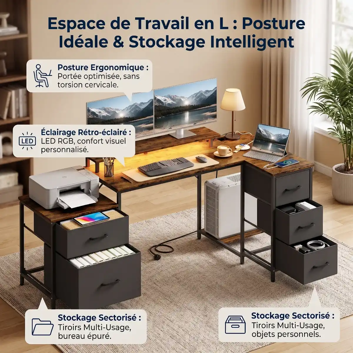 Espace de travail optimisé avec double écran et rangement sectorisé sur le bureau en L Volta