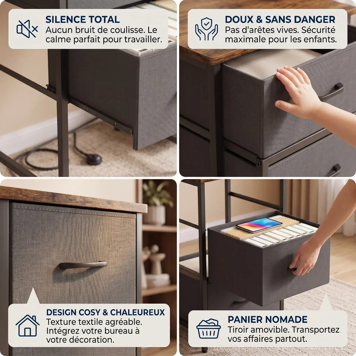 Zoom sur les tiroirs amovibles en tissu silencieux et sans danger du bureau Volta