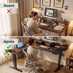 Comparatif avant-après montrant le gain d'espace et l'optimisation de posture avec le bureau d'angle Kova Pro.