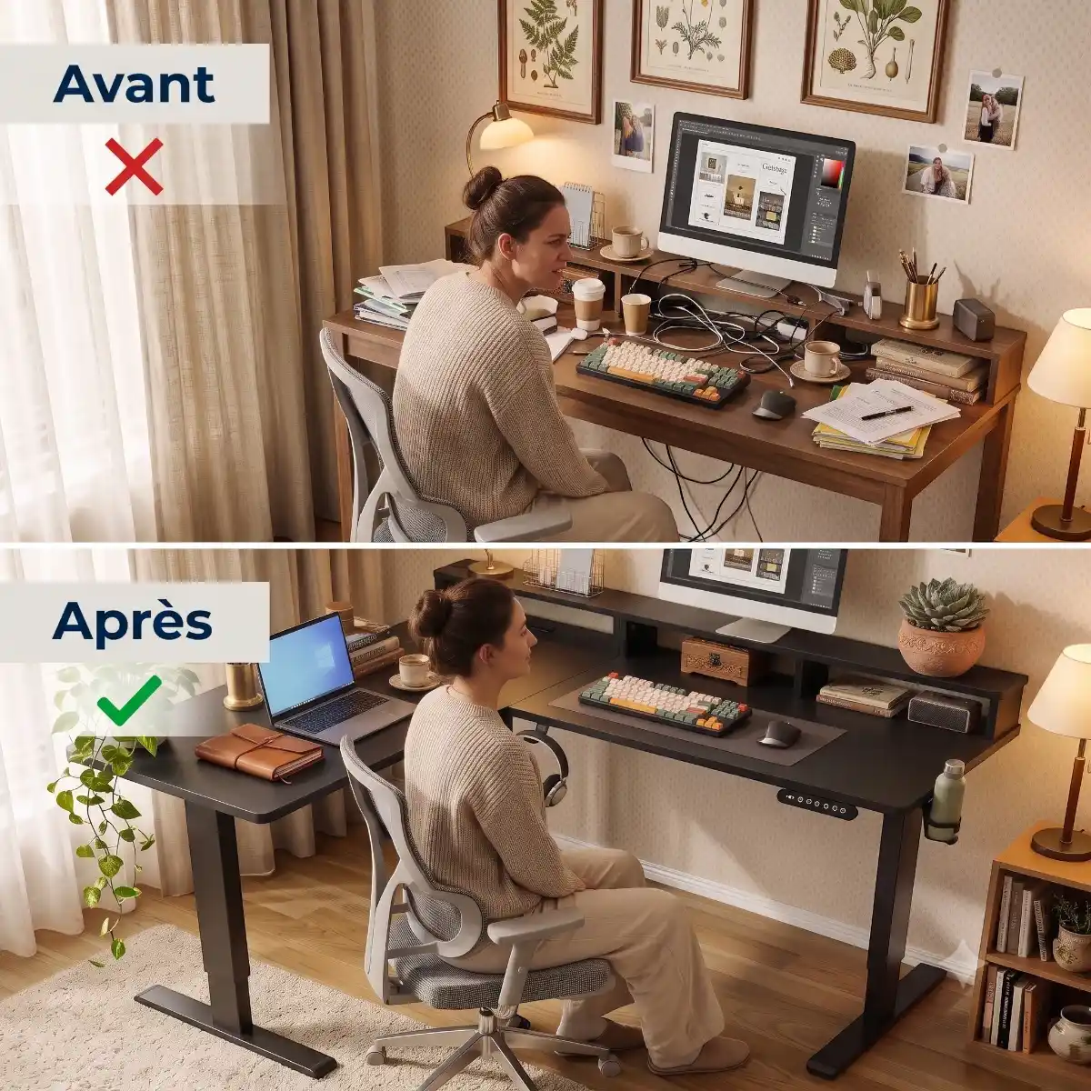 Comparatif avant-après montrant le gain d'espace et l'optimisation de posture avec le bureau d'angle Kova Pro.