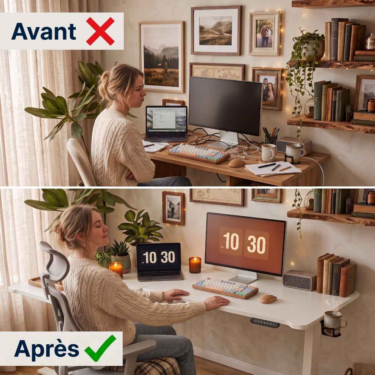 Image comparative avant et après montrant l'espace gagné et le confort postural retrouvé grâce au bureau d'angle assis-debout blanc Vertex Pro.
