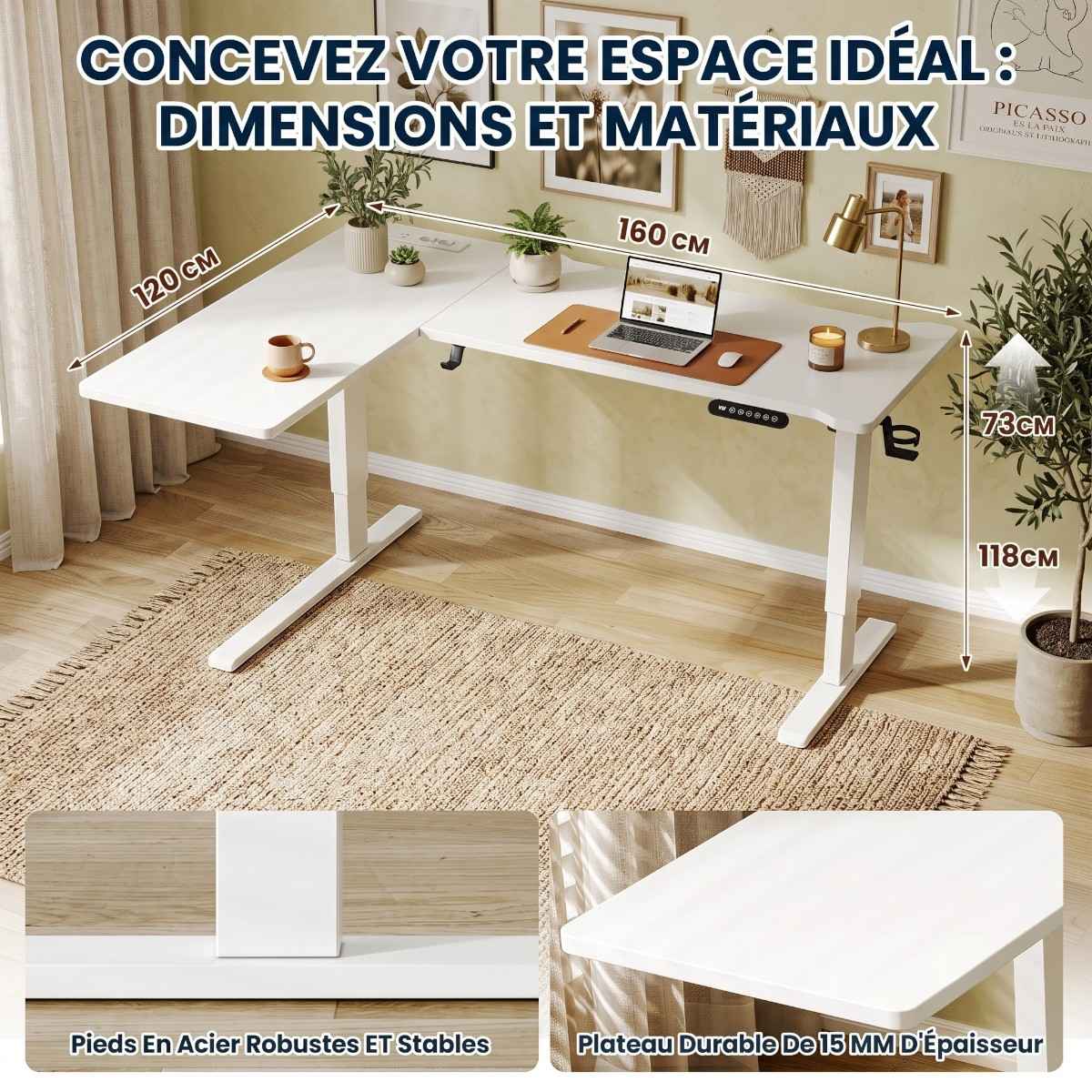 Schéma technique détaillé indiquant les dimensions de 160x120 cm et l'épaisseur de plateau du bureau d'angle assis-debout blanc Vertex Pro.