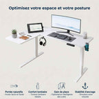 Infographie des bénéfices santé du bureau d'angle assis-debout blanc Vertex Pro mettant en avant le confort lombaire et la zone de portée naturelle.