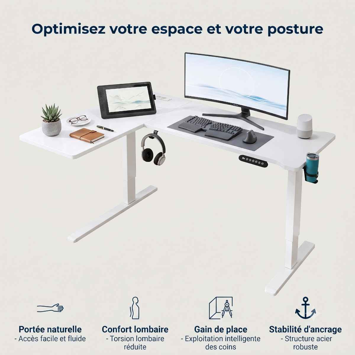 Infographie des bénéfices santé du bureau d'angle assis-debout blanc Vertex Pro mettant en avant le confort lombaire et la zone de portée naturelle.