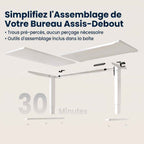 Vue éclatée de la structure en acier et des plateaux pré-percés pour un assemblage rapide en 30 minutes du bureau d'angle assis-debout blanc Vertex Pro.
