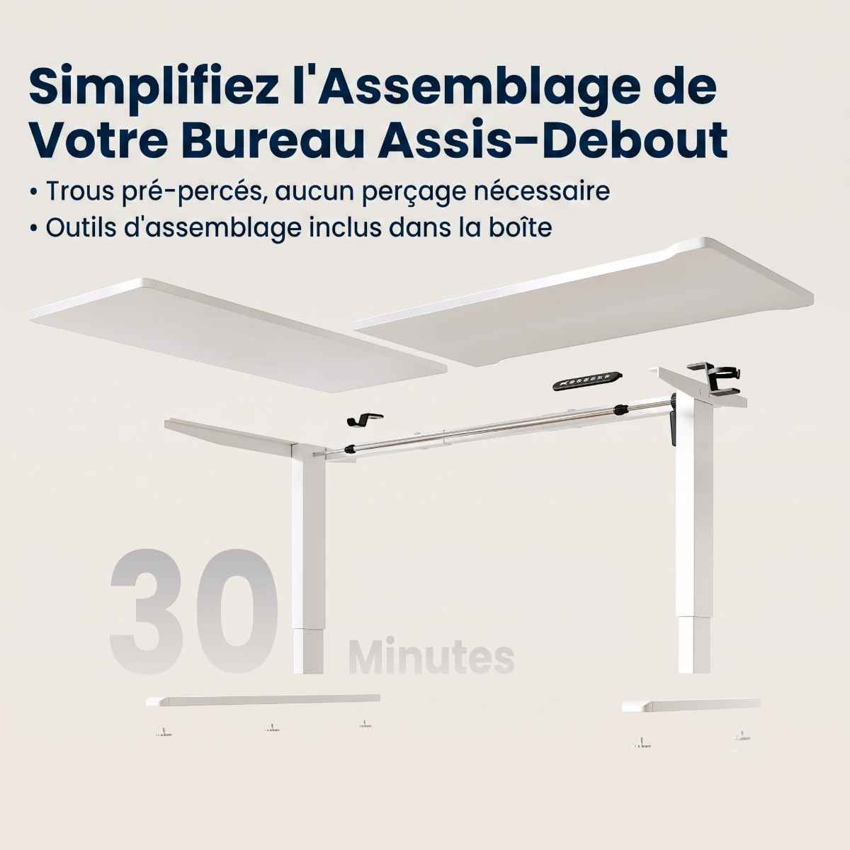 Vue éclatée de la structure en acier et des plateaux pré-percés pour un assemblage rapide en 30 minutes du bureau d'angle assis-debout blanc Vertex Pro.