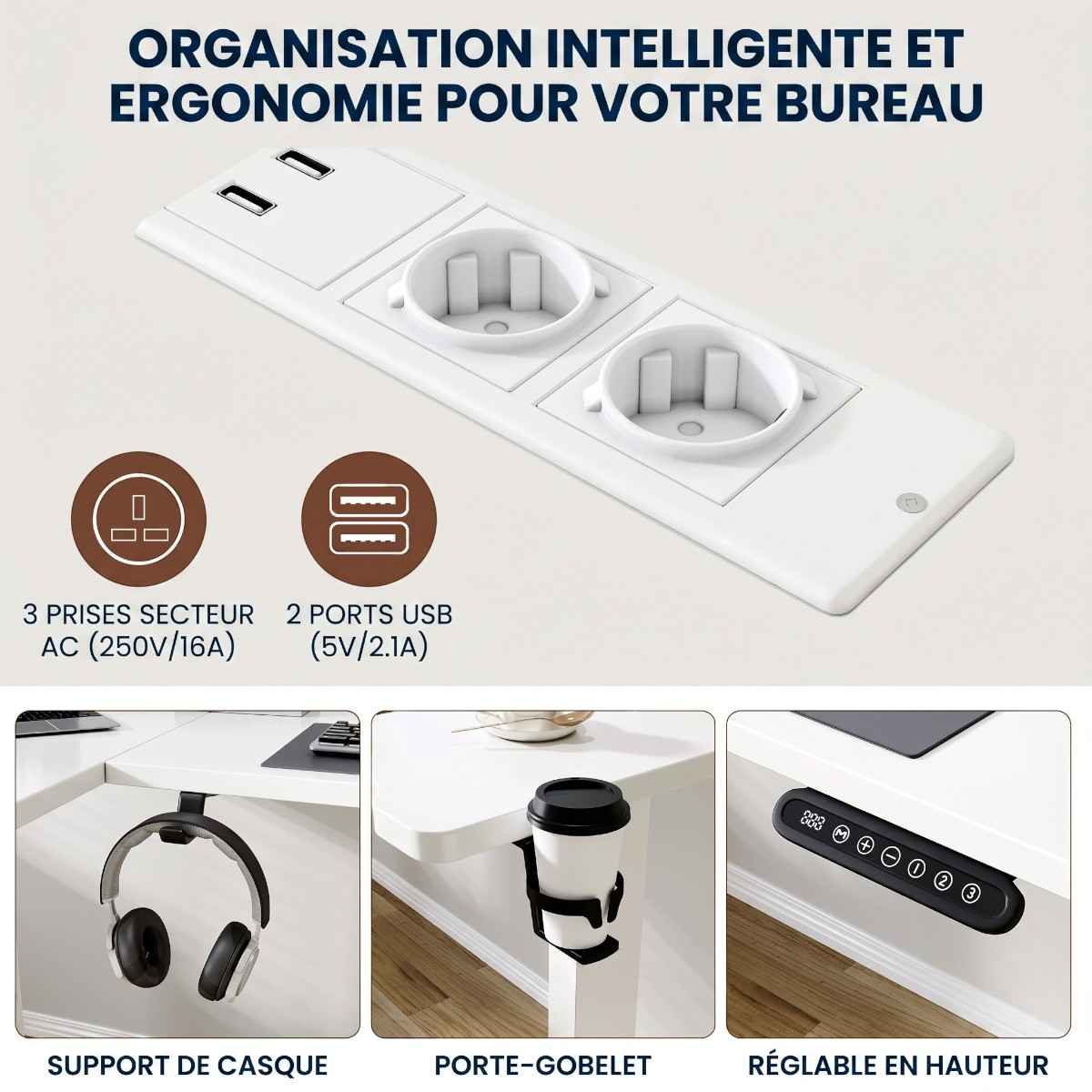 Gros plan sur le hub d'alimentation encastré comprenant 3 prises secteur et 2 ports USB intégrés au plateau du bureau d'angle assis-debout blanc Vertex Pro.