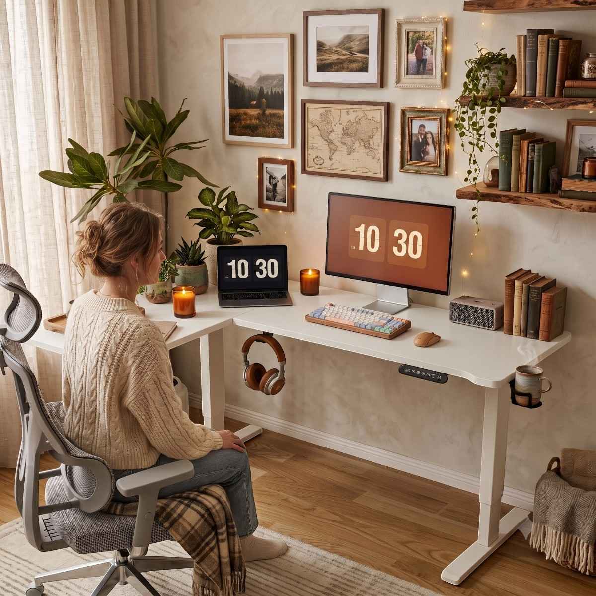 Aménagement chaleureux et chaleureux d'une pièce avec une femme travaillant confortablement sur le bureau d'angle assis-debout blanc Vertex Pro.
