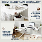 Détails des finitions du bureau d'angle assis-debout blanc Vertex Pro montrant son revêtement écologique et le niveau sonore du moteur à 45 dB.
