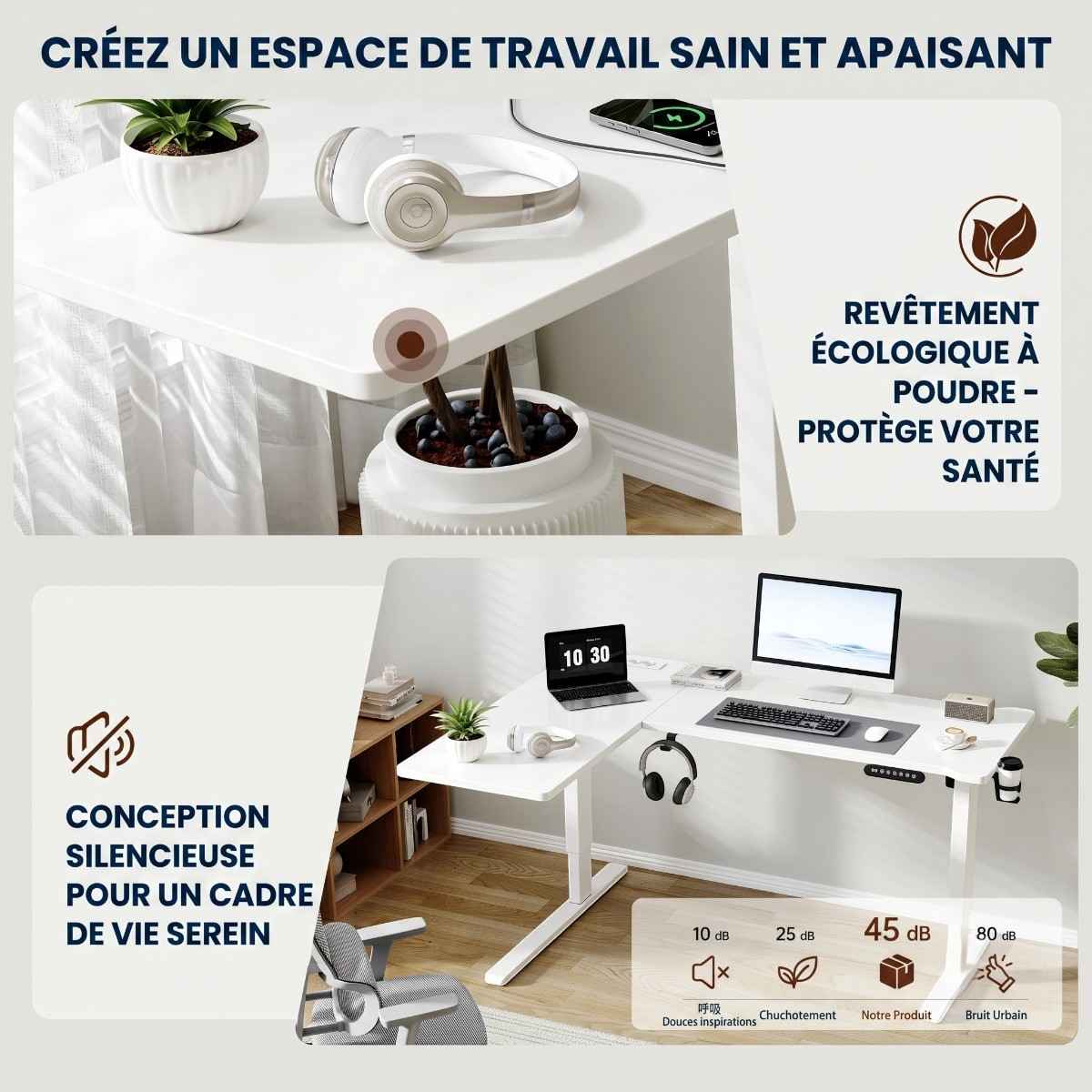 Détails des finitions du bureau d'angle assis-debout blanc Vertex Pro montrant son revêtement écologique et le niveau sonore du moteur à 45 dB.