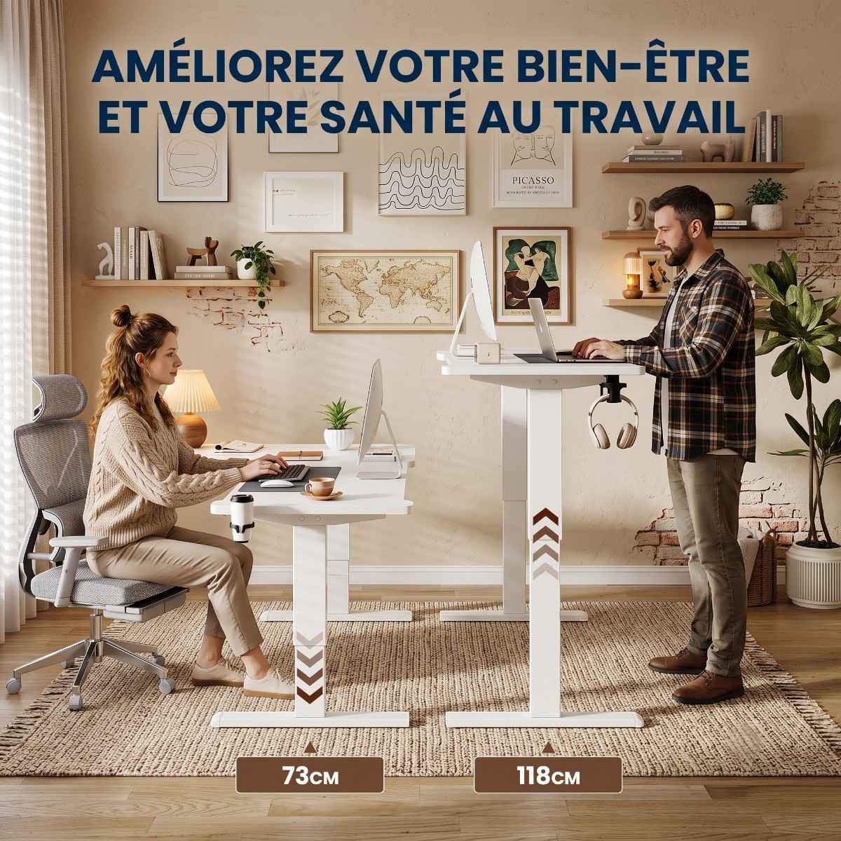 Démonstration des positions assise à 73 cm et debout à 118 cm avec deux utilisateurs sur le bureau d'angle assis-debout blanc Vertex Pro.