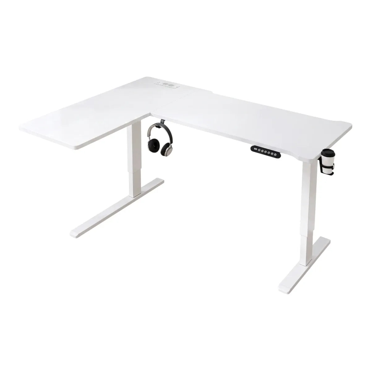Photo de face du bureau d'angle assis-debout blanc Vertex Pro sur fond blanc isolé montrant son design minimaliste avec le support de casque et le porte-gobelet.