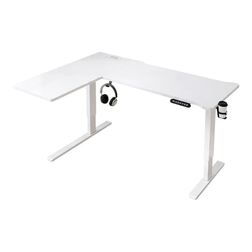 Photo de face du bureau d'angle assis-debout blanc Vertex Pro sur fond blanc isolé montrant son design minimaliste avec le support de casque et le porte-gobelet.