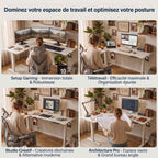 Quatre configurations du bureau d'angle assis-debout blanc Vertex Pro adaptées pour le setup gaming, le télétravail, le studio créatif et l'architecture.