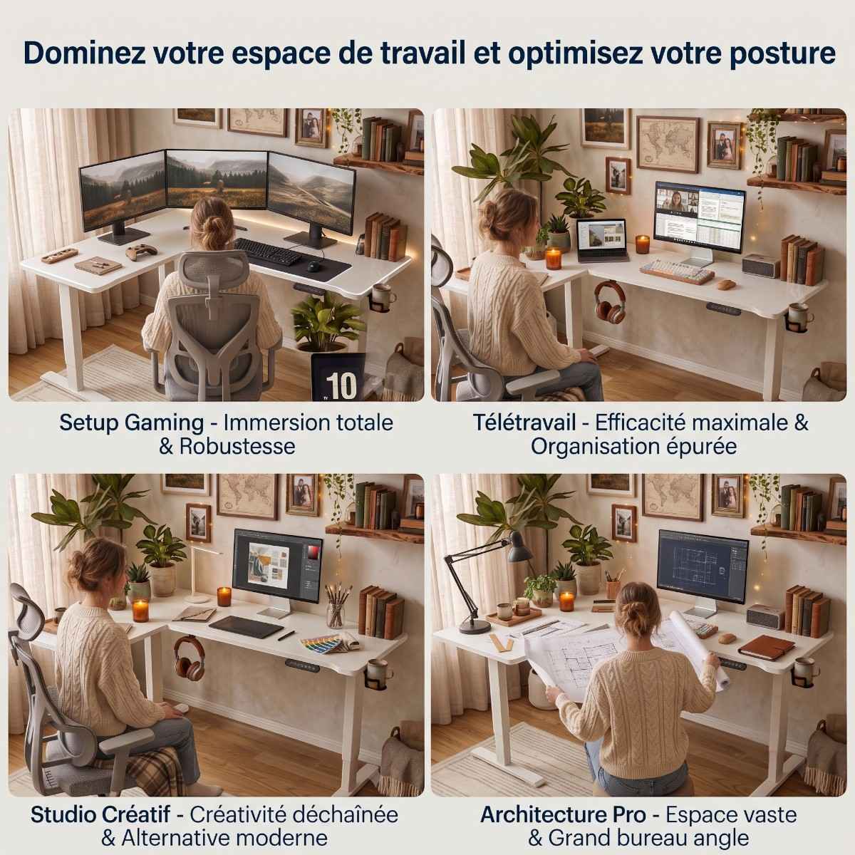 Quatre configurations du bureau d'angle assis-debout blanc Vertex Pro adaptées pour le setup gaming, le télétravail, le studio créatif et l'architecture.