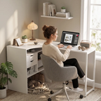 Ambiance de télétravail chaleureuse avec une femme installée au cœur du bureau d'angle Kallisto.