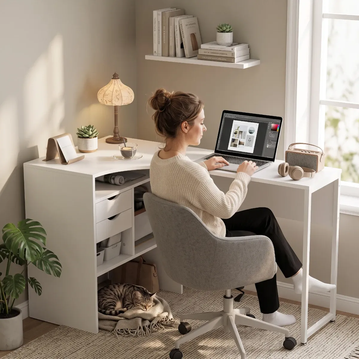 Ambiance de télétravail chaleureuse avec une femme installée au cœur du bureau d'angle Kallisto.