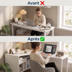 Comparatif avant/après démontrant l'effet gain de place et l'organisation du bureau en L Kallisto.