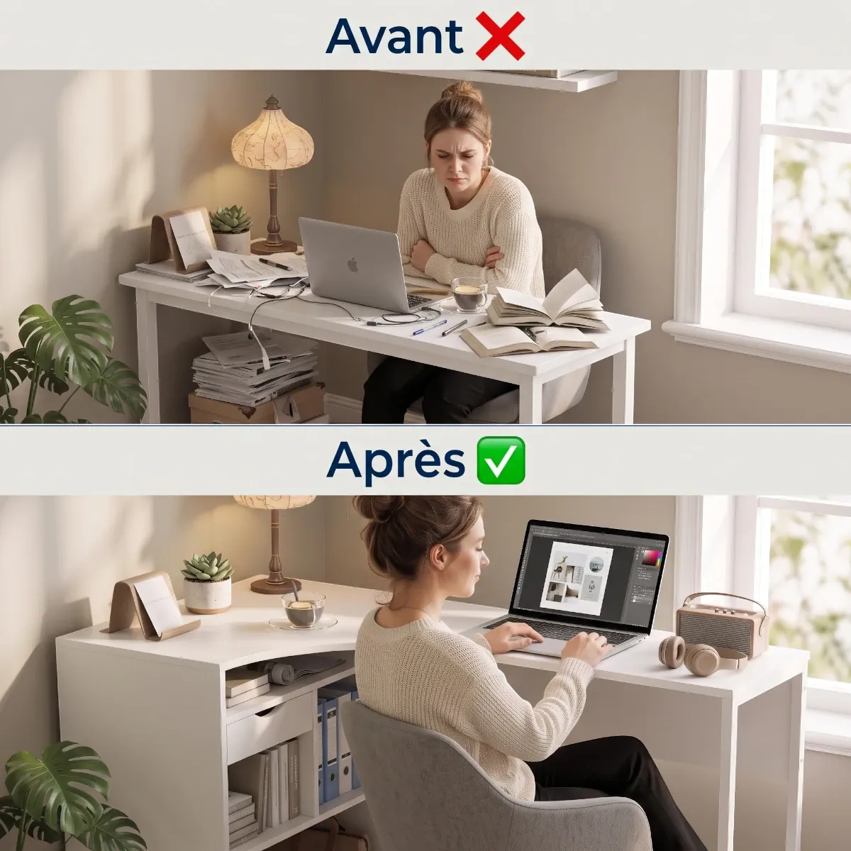Comparatif avant/après démontrant l'effet gain de place et l'organisation du bureau en L Kallisto.