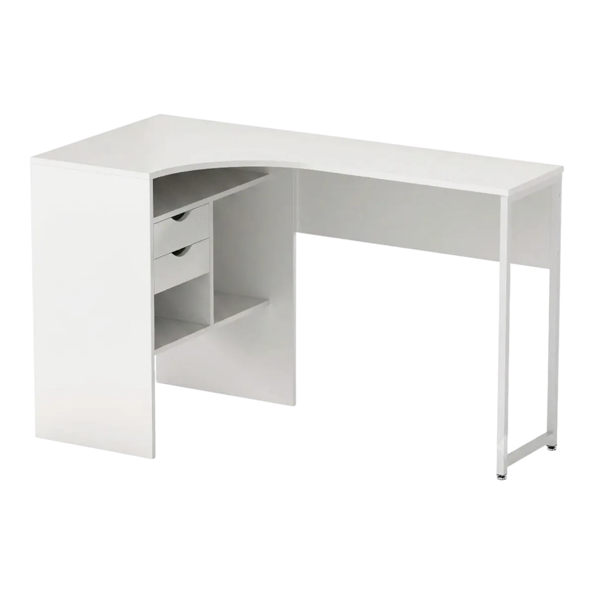 Bureau d'angle blanc avec rangements Kallisto présenté de face sur fond blanc neutre.