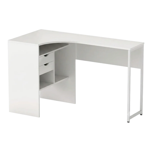 Bureau d'angle blanc avec rangements Kallisto présenté de face sur fond blanc neutre.