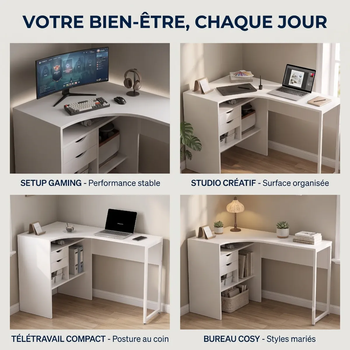 Infographie des 4 configurations du bureau d'angle Kallisto : gaming, pro, compact et scandinave.