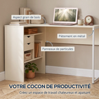Vue annotée des matériaux du bureau d'angle Kallisto mettant en avant le piètement métal et l'aspect bois.