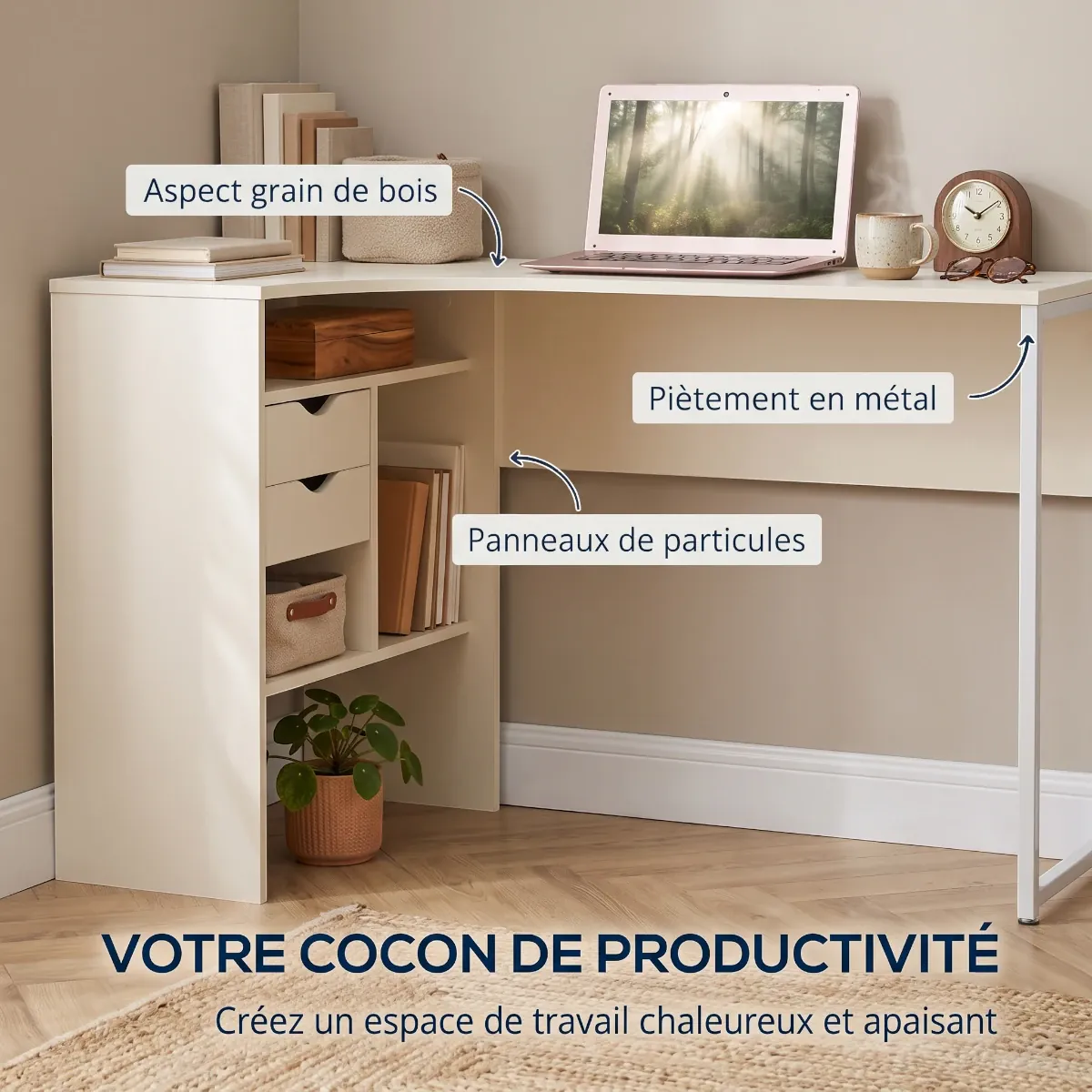 Vue annotée des matériaux du bureau d'angle Kallisto mettant en avant le piètement métal et l'aspect bois.