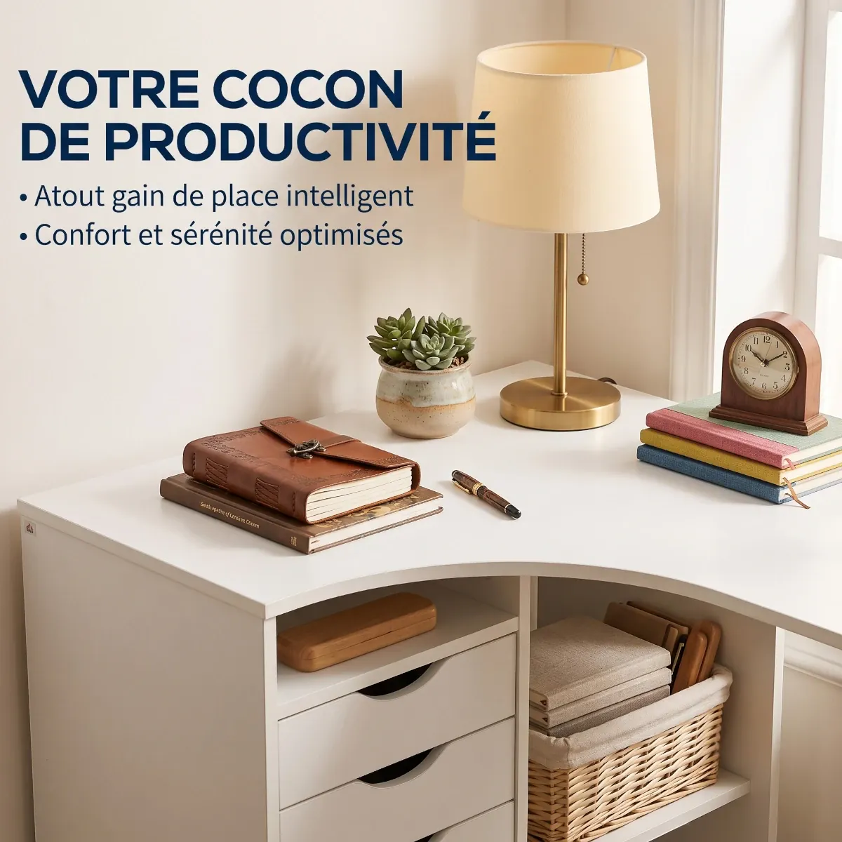 Zoom sur le grand plateau incurvé du bureau d'angle blanc Kallisto avec décoration de style cosy.