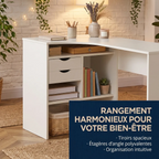 Gros plan sur l'espace de rangement avec tiroirs et niches du bureau d'angle gain de place Kallisto.