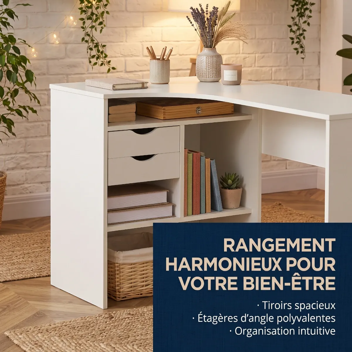 Gros plan sur l'espace de rangement avec tiroirs et niches du bureau d'angle gain de place Kallisto.