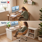 Comparatif avant après entre un espace encombré et le gain de place du bureau d'angle Vertigo